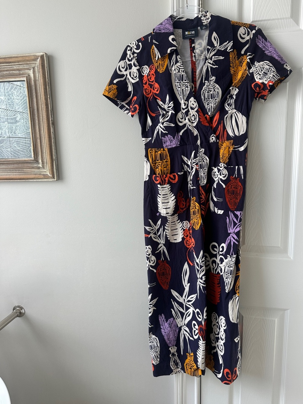 Maeve Navy Multicolor Lantern-Print Short-Sleeve Midi Dress